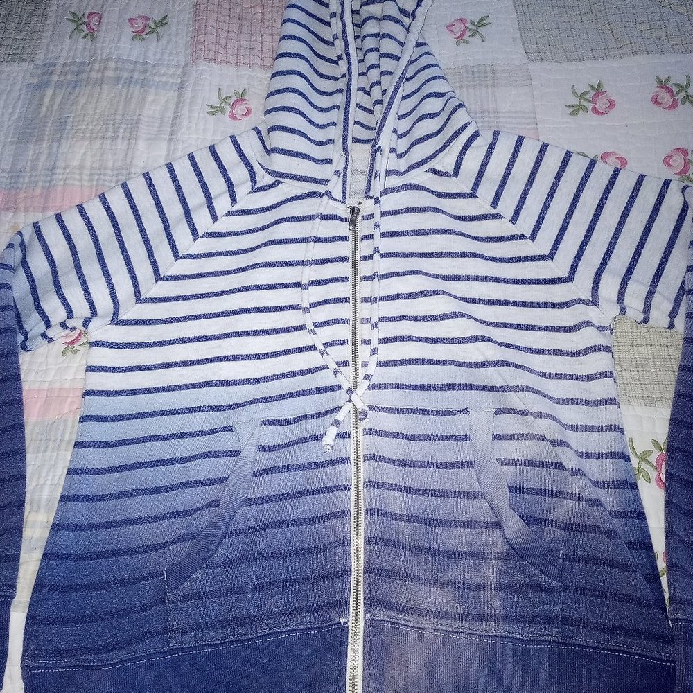 Dip Dye Denim Blue and White Striped Hoodie -M-